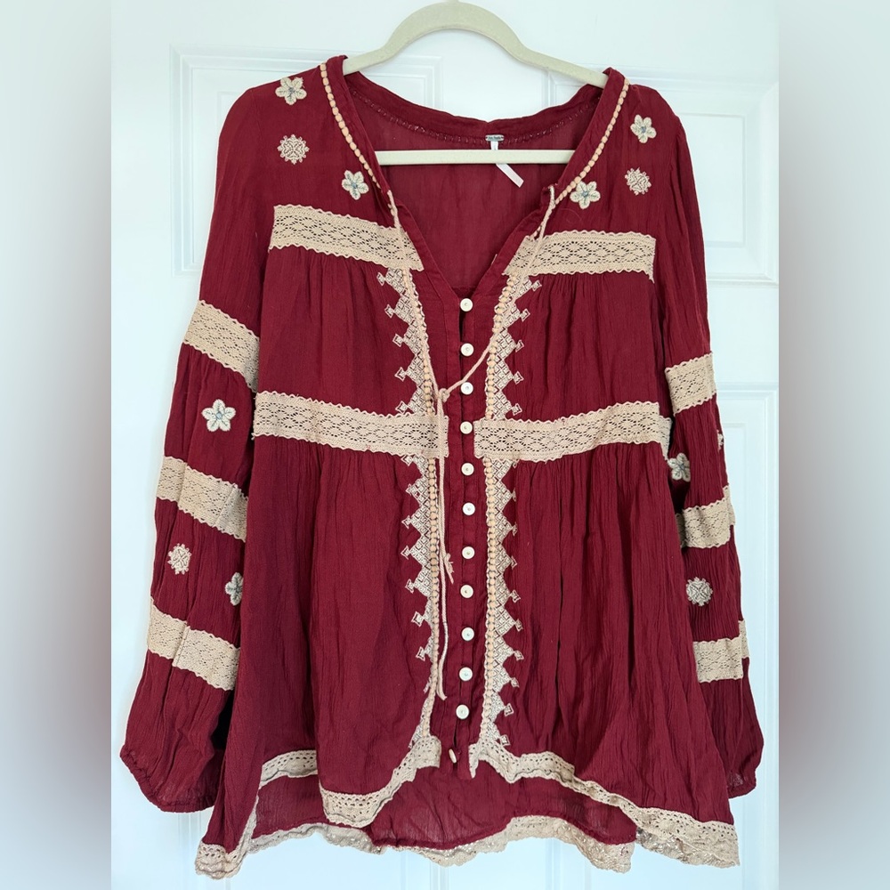 Free People Burgundy Boho Lace-Trim Button Front Tunic